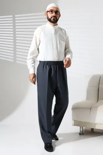 Men's Elastic Waist Pocket Hac and Umrah Winter Wool Effect Shalwar Pants - Blue (ISR) - IHVAN ONLINE (1)