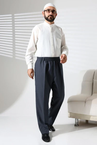 Men's Elastic Waist Pocket Hac and Umrah Winter Wool Effect Shalwar Pants - Blue (ISR) - IHVAN ONLINE (1)