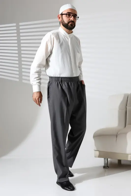 Men's Elastic Waistband Pocketed Winter Wool Effect Fabric Shalwar Pants - Gray (İSR)-Gray - 2