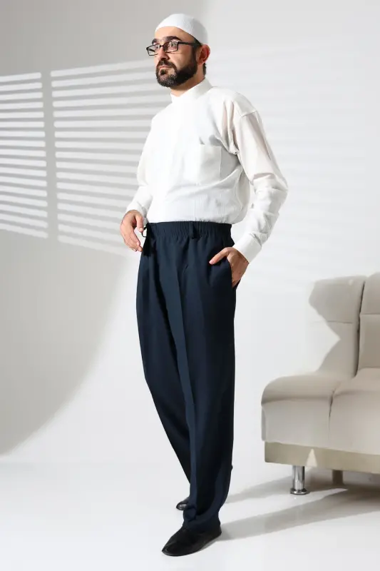 Men's Elastic Waistband Pocketed Winter Wool Effect Fabric Shalwar Pants - Green (İSR)-Green - 1