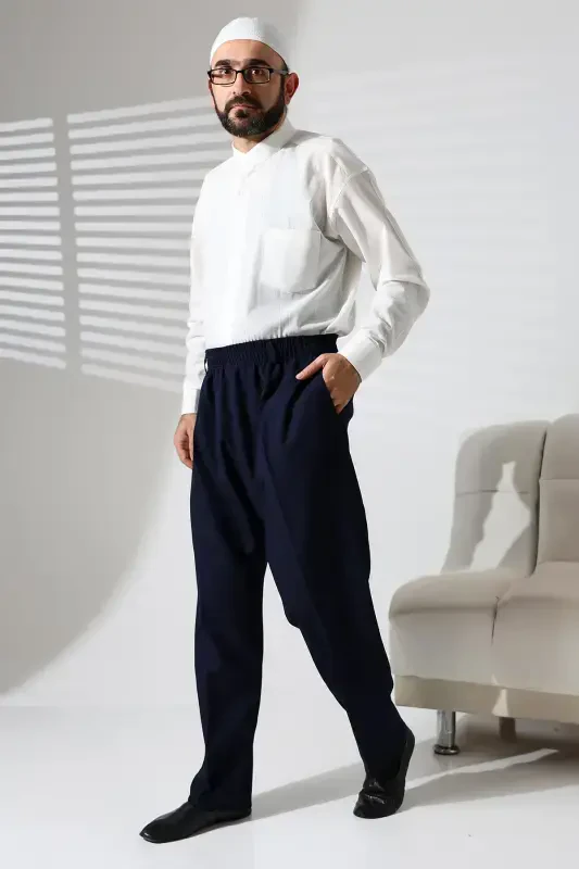 Men's Elastic Waistband Pocketed Winter Wool Effect Fabric Shalwar Pants - Navy Blue (İSR)-Navy Blue - 3