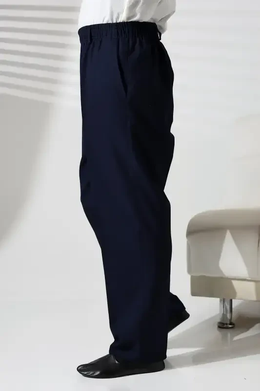 Men's Elastic Waistband Pocketed Winter Wool Effect Fabric Shalwar Pants - Navy Blue (İSR)-Navy Blue - 5