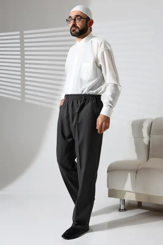 Men's Elastic Waistband Pocketed Winter Wool Effect Fabric Shalwar Pants - Smoke Grey (İSR)-Smoke Grey - 2