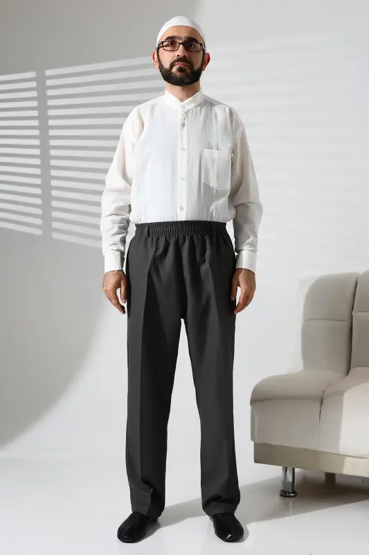 Men's Elastic Waistband Pocketed Winter Wool Effect Fabric Shalwar Pants - Smoke Grey (İSR)-Smoke Grey - 3