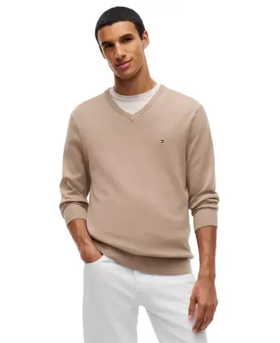 Men's Essential Cotton V-Neck Sweater - Safari Canvas - 1
