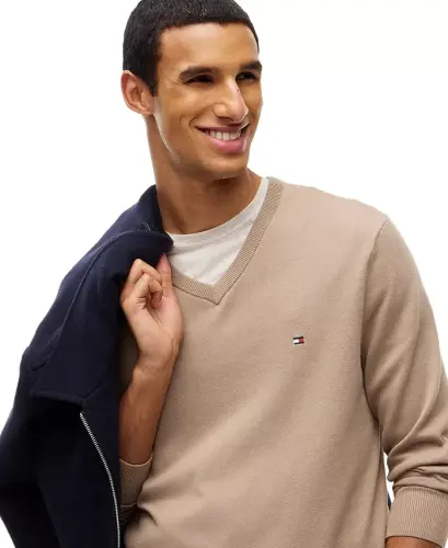 Men's Essential Cotton V-Neck Sweater - Safari Canvas - 3