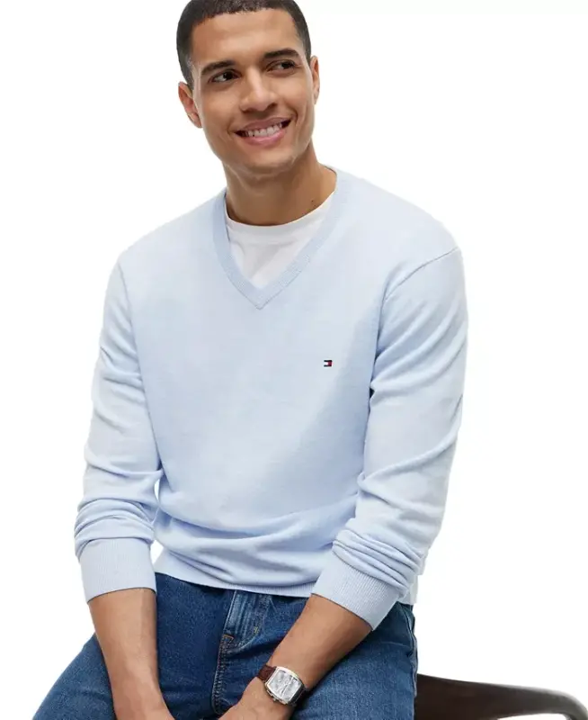 Men's Essential Cotton V-Neck Sweater - Sky Blue Heather - 3