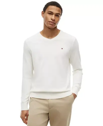 Men's Essential Cotton V-Neck Sweater - White - 1