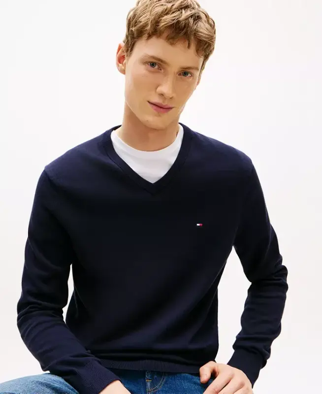 Men's Essential Solid V-Neck Sweater-Desert Sky - 3