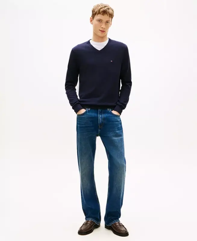 Men's Essential Solid V-Neck Sweater-Desert Sky - 2