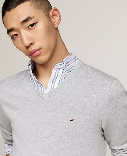 Men's Essential Solid V-Neck Sweater-Light Grey Heather - 3
