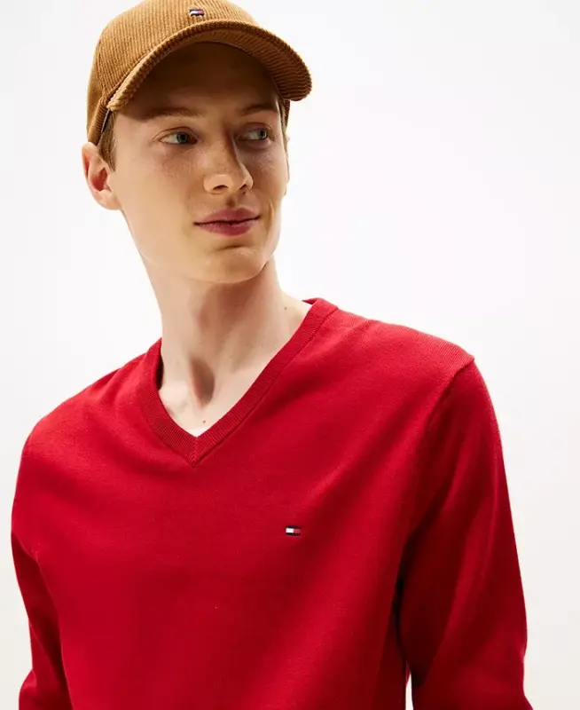 Men's Essential Cotton V-Neck Sweater - Medium Red - 3