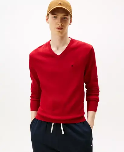 Men's Essential Cotton V-Neck Sweater - Medium Red 