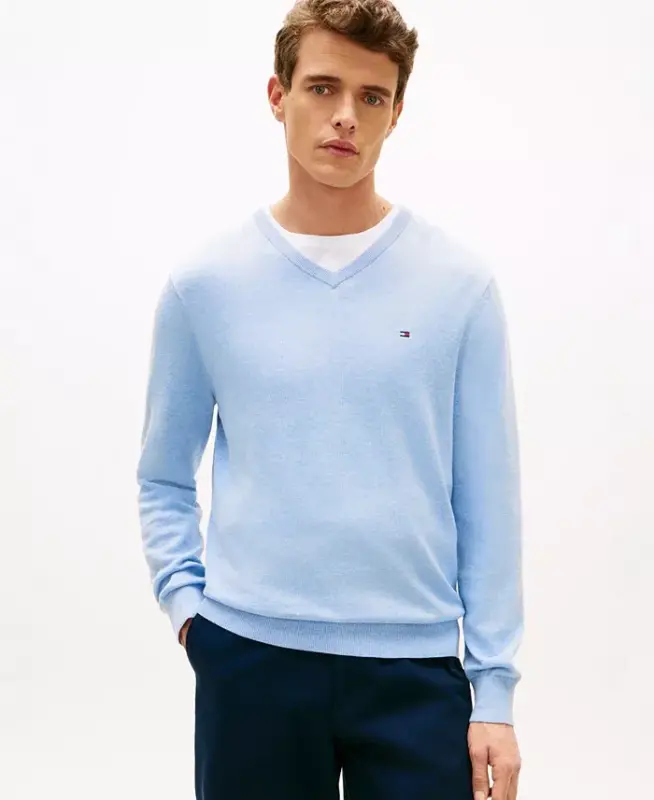 Men's Essential Cotton V-Neck Sweater - Vessel Blue Heather - TOMMY HILFIGER