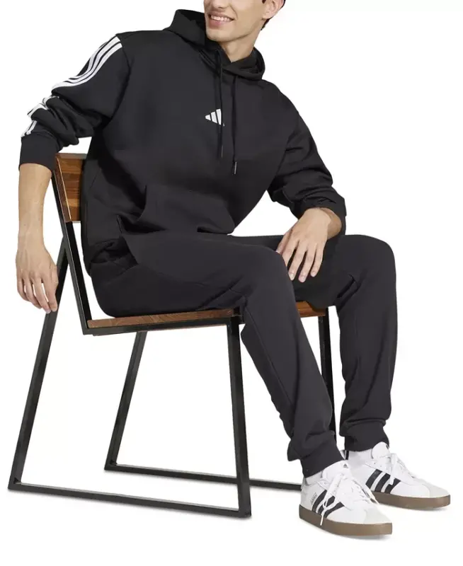 Men's Essential Three Stripes Fleece Hoodie-Black/wht - 2