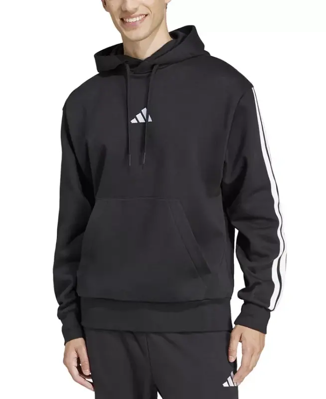 Men's Essential Three Stripes Fleece Hoodie-Black/wht - 1