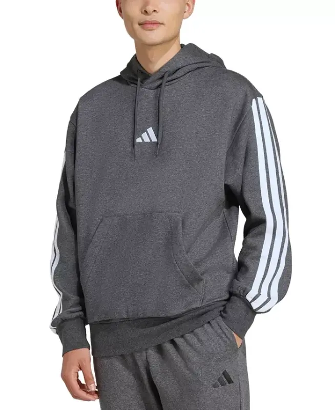 Men's Essential Three Stripes Fleece Hoodie - Dark Gray/White - ADIDAS