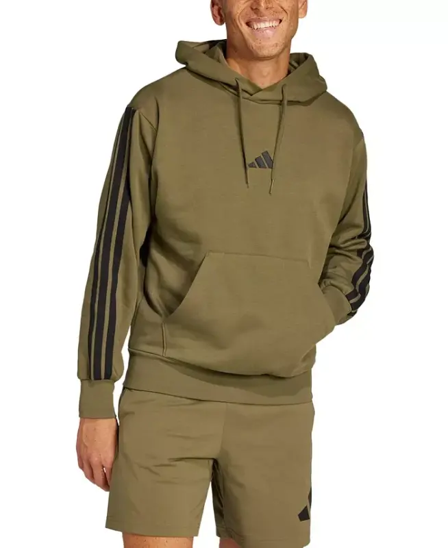 Men's Essential Three Stripes Fleece Hoodie - Olive Strata/Black - ADIDAS