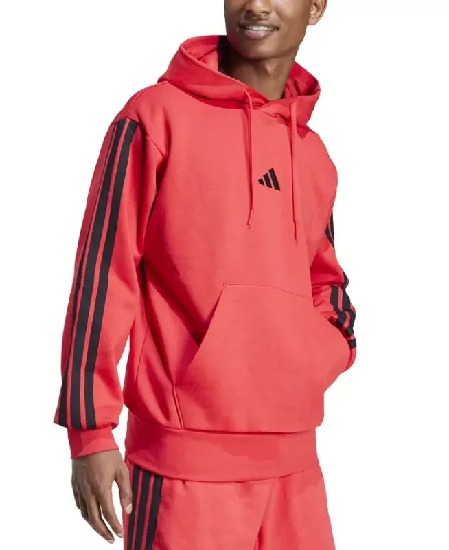 Men's Essential Three-Stripes Fleece Hoodie - Pure Red/Black - 2