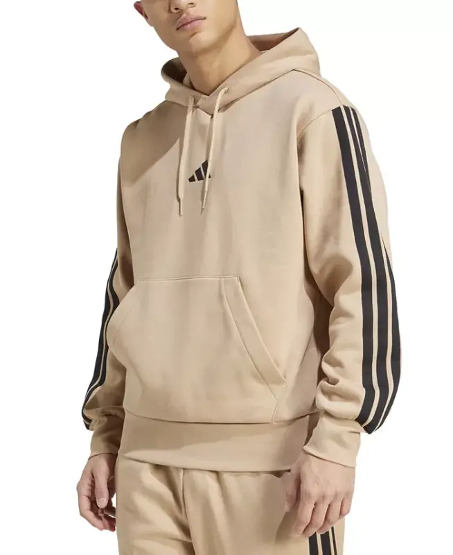 Men's Essential Three Stripes Fleece Hoodie - Sandstone/Black - ADIDAS