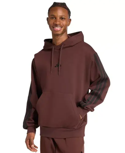 Men's Essential Three Stripes Fleece Hoodie - Shadow Brown/Black 
