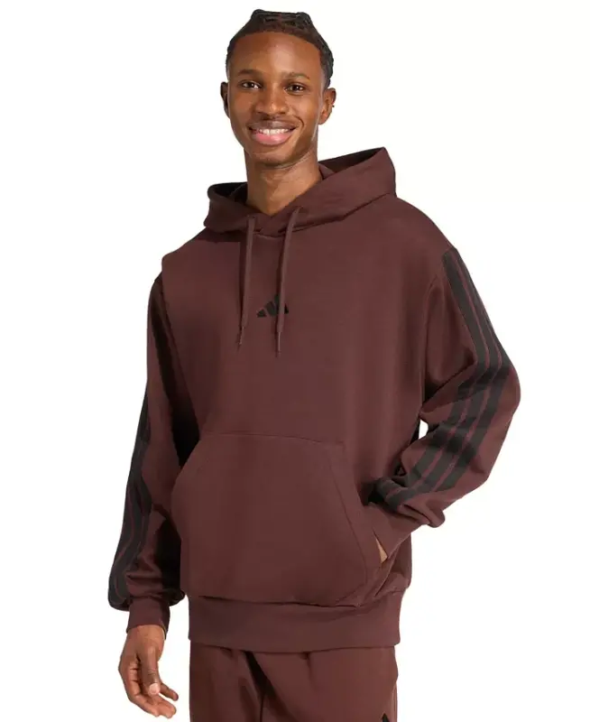 Men's Essential Three Stripes Fleece Hoodie - Shadow Brown/Black - ADIDAS
