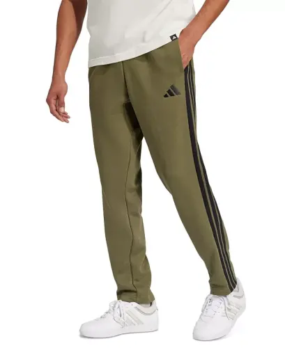 Men's Essentials 3-Stripes Regular Open Hem Fleece Pants - Olive Strata 