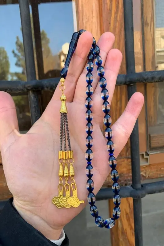 Men's Eyebrowed Amber Rosary-navy blue - TESBIH DÜNYASI