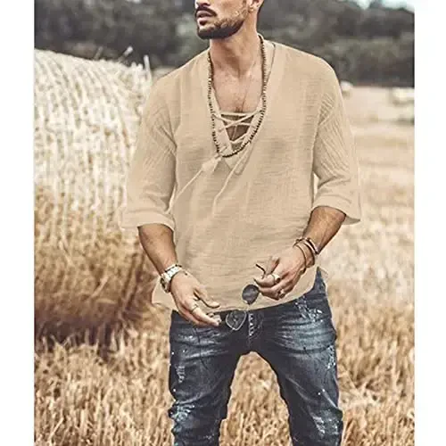 Men's Fashion Shirt Short Sleeve Beach V-Neck Drawstring Printing Yoga African Summer Top - 3