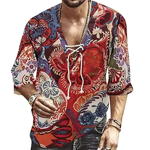 Men's Fashion Shirt Short Sleeve Beach V-Neck Drawstring Printing Yoga African Summer Top 