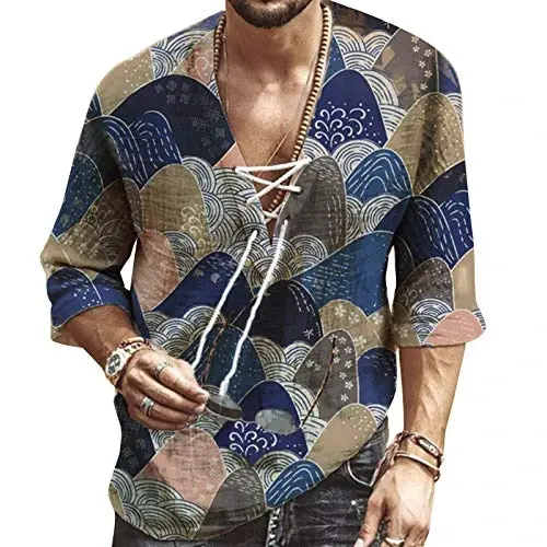 Men's Fashion Shirt Short Sleeve Beach V-Neck Drawstring Printing Yoga African Summer Top 