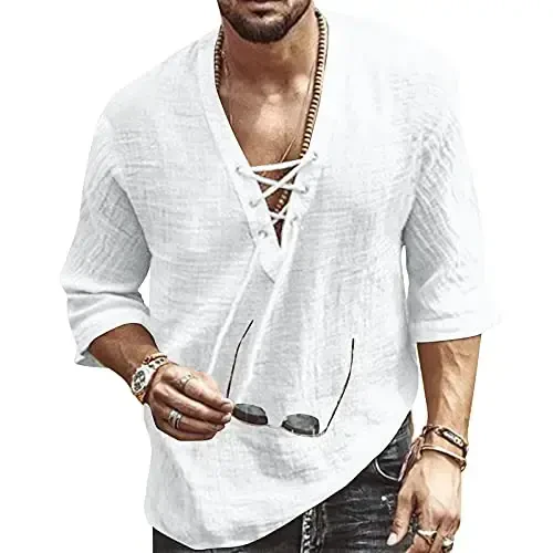 Men's Fashion Shirt Short Sleeve Beach V-Neck Drawstring Printing Yoga African Summer Top 