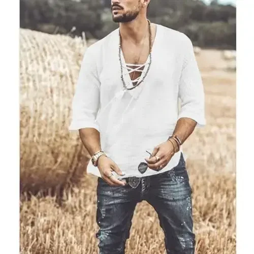 Men's Fashion Shirt Short Sleeve Beach V-Neck Drawstring Printing Yoga African Summer Top - 3