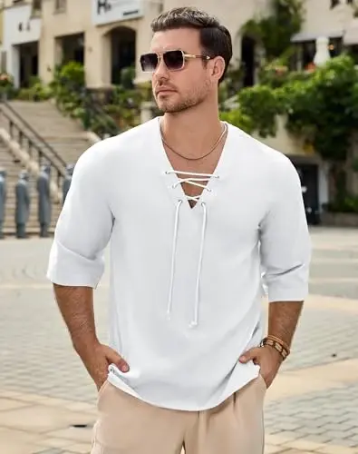 Men's Fashion Shirt Short Sleeve Beach V-Neck Drawstring Printing Yoga African Summer Top 