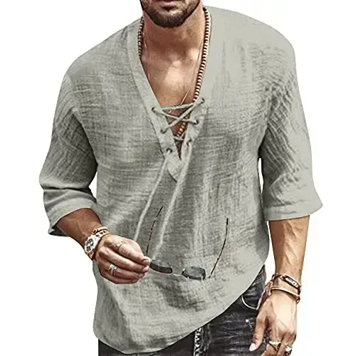 Men's Fashion Shirt Short Sleeve Beach V-Neck Drawstring Printing Yoga African Summer Top - MEN'S