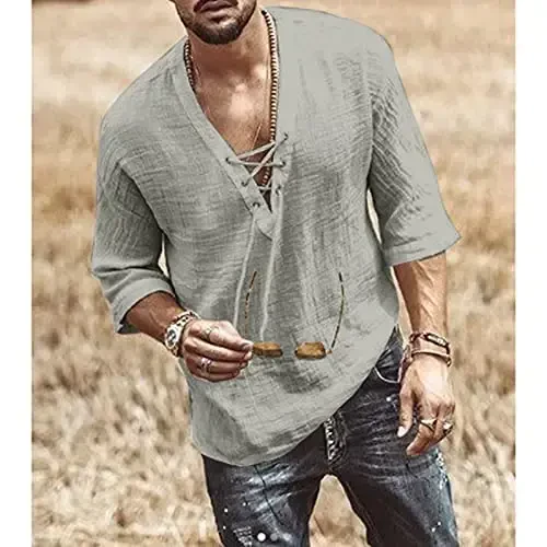 Men's Fashion Shirt Short Sleeve Beach V-Neck Drawstring Printing Yoga African Summer Top - 2