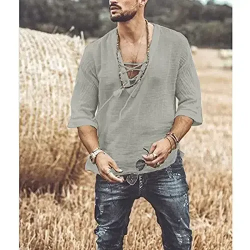 Men's Fashion Shirt Short Sleeve Beach V-Neck Drawstring Printing Yoga African Summer Top - 3