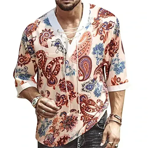 Men's Fashion Shirt Short Sleeve Beach V-Neck Drawstring Printing Yoga African Summer Top 