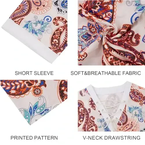 Men's Fashion Shirt Short Sleeve Beach V-Neck Drawstring Printing Yoga African Summer Top - 2