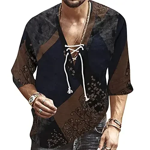 Men's Fashion Shirt Short Sleeve Beach V-Neck Drawstring Printing Yoga African Summer Top - 1