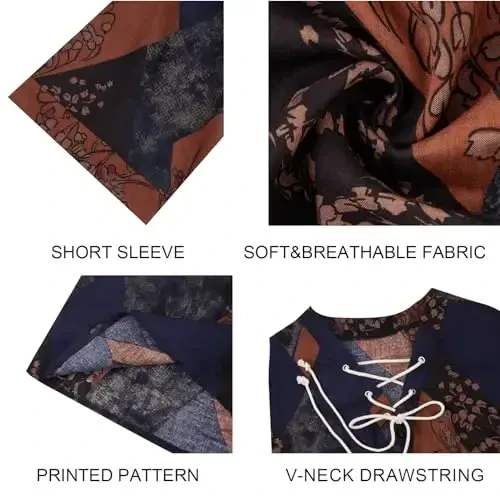 Men's Fashion Shirt Short Sleeve Beach V-Neck Drawstring Printing Yoga African Summer Top - 2