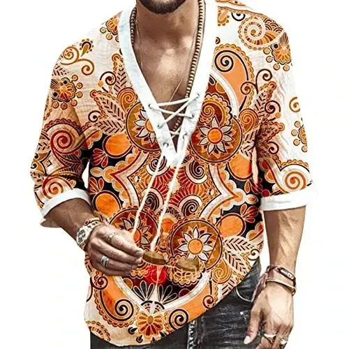 Men's Fashion Shirt Short Sleeve Beach V-Neck Drawstring Printing Yoga African Summer Top 