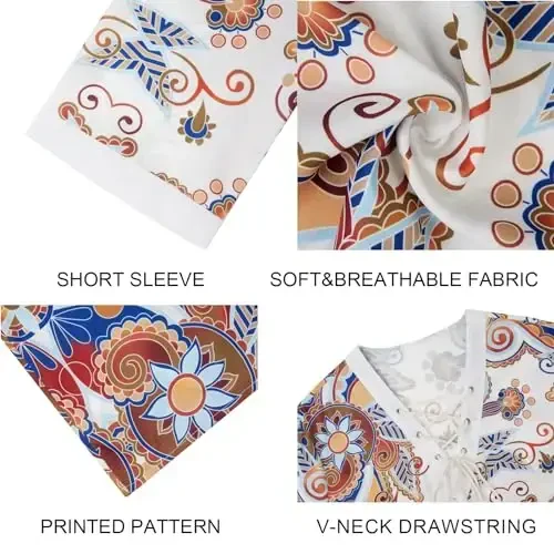 Men's Fashion Shirt Short Sleeve Beach V-Neck Drawstring Printing Yoga African Summer Top - 3