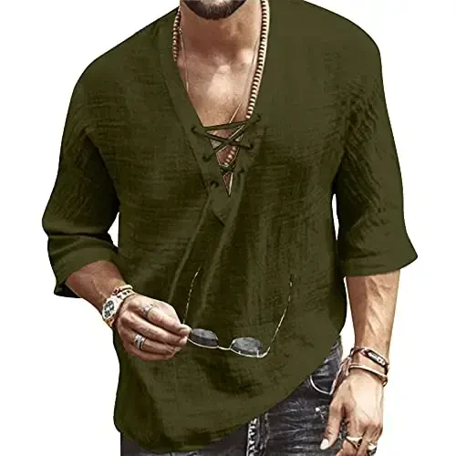 Men's Fashion Shirt Short Sleeve Beach V-Neck Drawstring Printing Yoga African Summer Top 