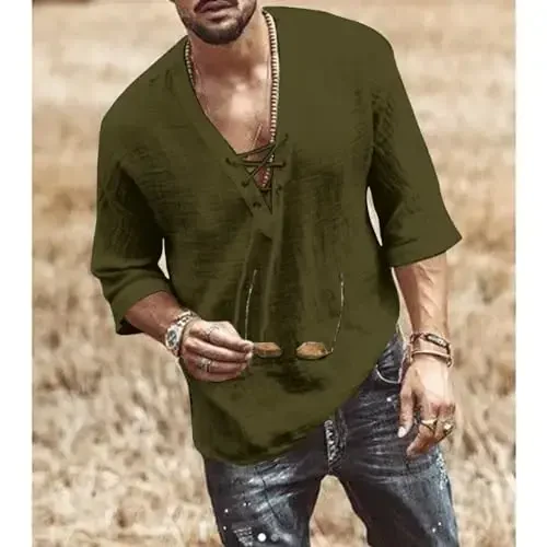 Men's Fashion Shirt Short Sleeve Beach V-Neck Drawstring Printing Yoga African Summer Top - MEN'S (1)