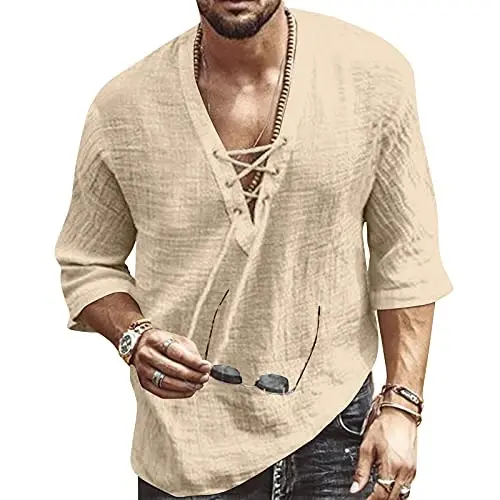 Men's Fashion Shirt Short Sleeve Beach V-Neck Drawstring Printing Yoga African Summer Top 