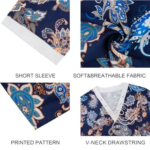 Men's Fashion Shirt Short Sleeve Beach V-Neck Drawstring Printing Yoga African Summer Top - 2