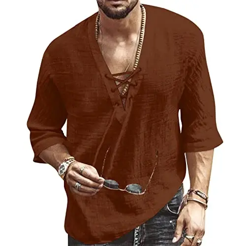 Men's Fashion Shirt Short Sleeve Beach V-Neck Drawstring Printing Yoga African Summer Top 