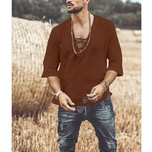 Men's Fashion Shirt Short Sleeve Beach V-Neck Drawstring Printing Yoga African Summer Top - 3