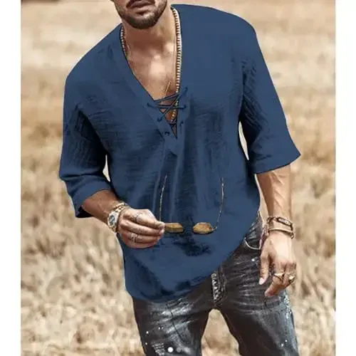 Men's Fashion Shirt Short Sleeve Beach V-Neck Drawstring Printing Yoga African Summer Top - 2